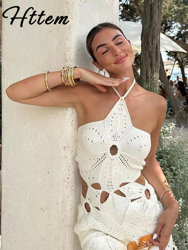 Knitted Crochet Hook Flower Halter Dress Women Slim Lace Up Off Shoulder Backless Party Dresses Female Summer Lady Beach Robes