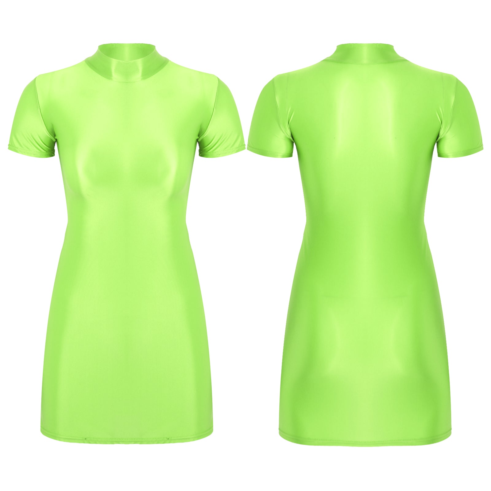 Women Glossy Bodycon Dress Long Sleeve Oil Shiny Smooth Mini Pencil Dress Stretchy Mock Neck Tight  Party Dresses Dance Clubwear