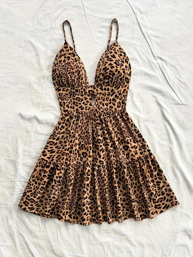 4-Color Leopard Printed Sexy Camisole Dress Women Sleeveless Backless Mini Dress Summer Vacation Dresses