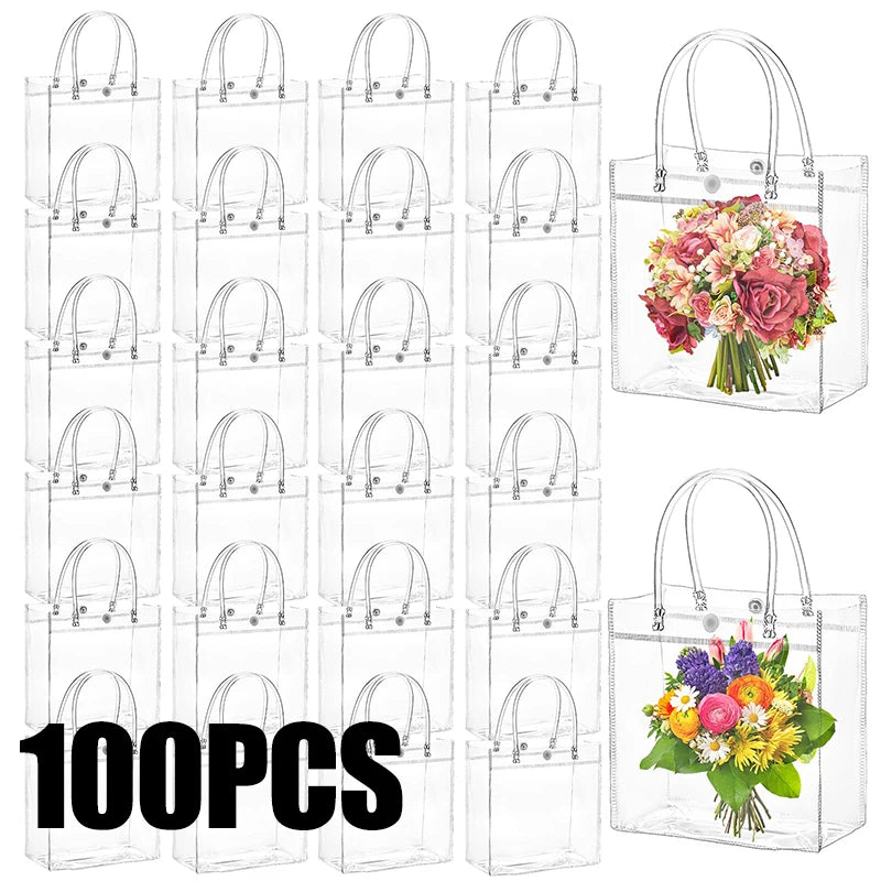 10-100 Pcs Clear Plastic Gift Bags with Handle Transparent Gift Bag Reusable Tote Bag PVC Goodie Bags for Wedding Party Supplies