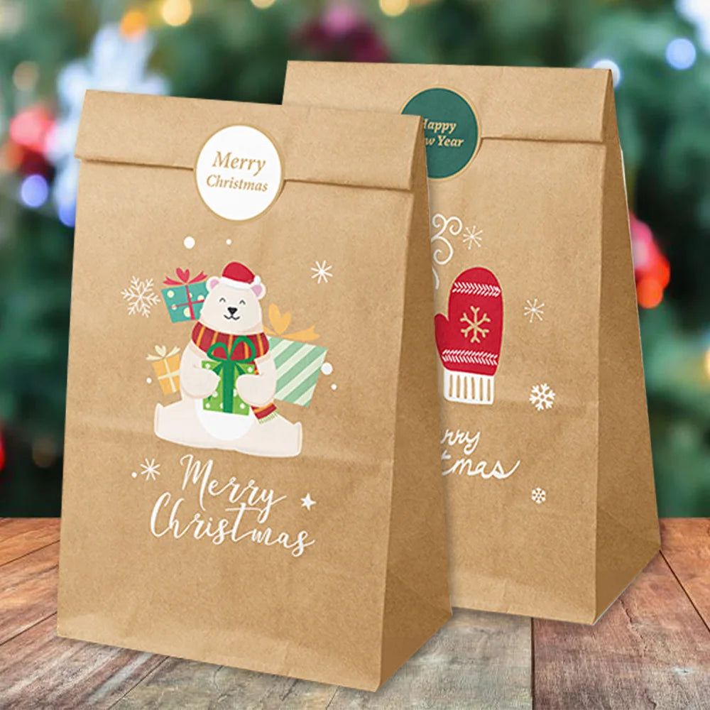 12/24pcs Retro Christmas Kraft Paper Bags Xmas Party Favor Bag Gift Pouch Holiday Present Wrapping Supplies Christmas Gift