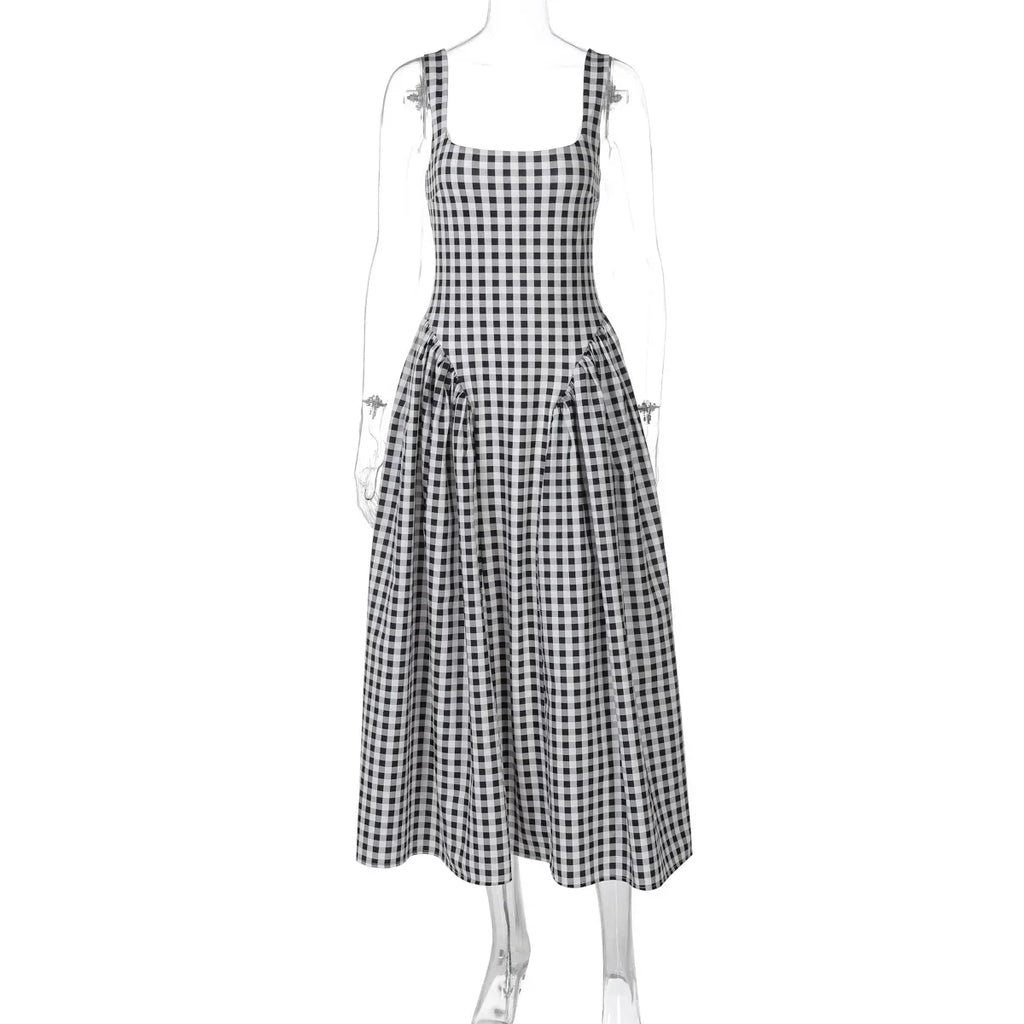 Lady Solid Sleeveless Sling Dress Backless Slim Pleated Hem Square Neck Plaid A-line Dresses Women Vacation Summer Midi Robes