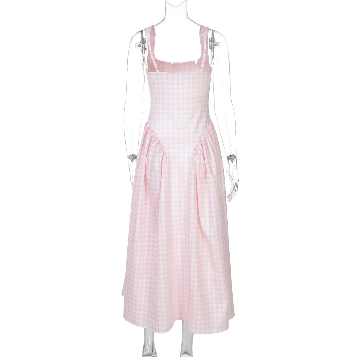 Lady Solid Sleeveless Sling Dress Backless Slim Pleated Hem Square Neck Plaid A-line Dresses Women Vacation Summer Midi Robes