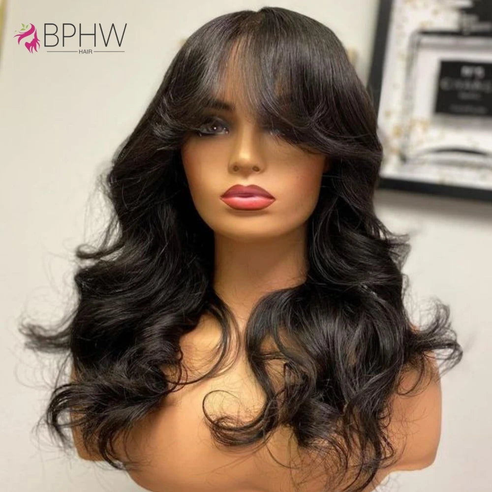 Body Wave Human Hair Wigs With Bangs 180 Density Wave Wig With Bangs Machine Made Wig Human Hair Natural Color Wigs Long Wigs