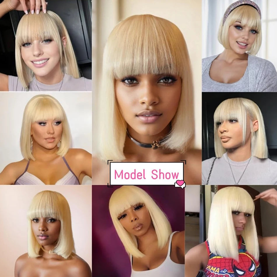Blonde Straight Human Hair Bob Wig With Bangs Brazilian 180% Density Full Machine Made Wig For Women No Lace Bob Wig 613 Color