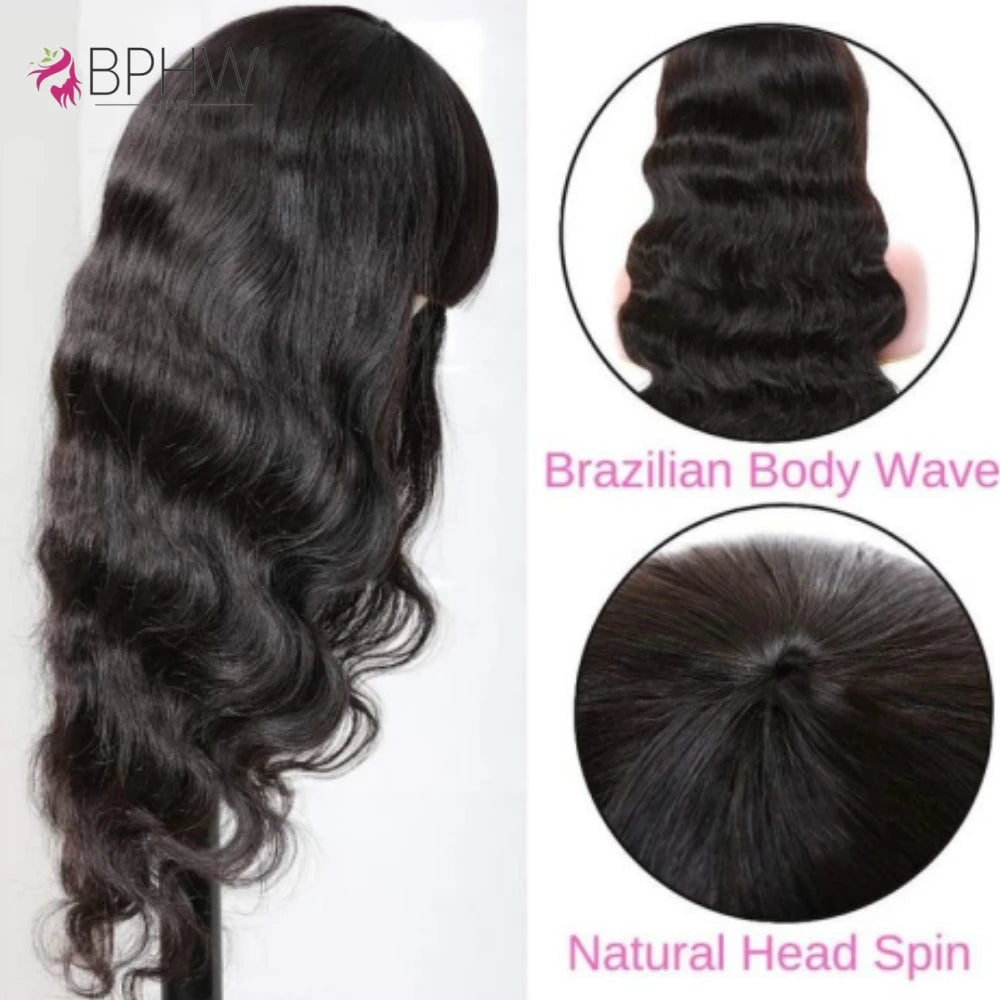 Body Wave Human Hair Wigs With Bangs 180 Density Wave Wig With Bangs Machine Made Wig Human Hair Natural Color Wigs Long Wigs