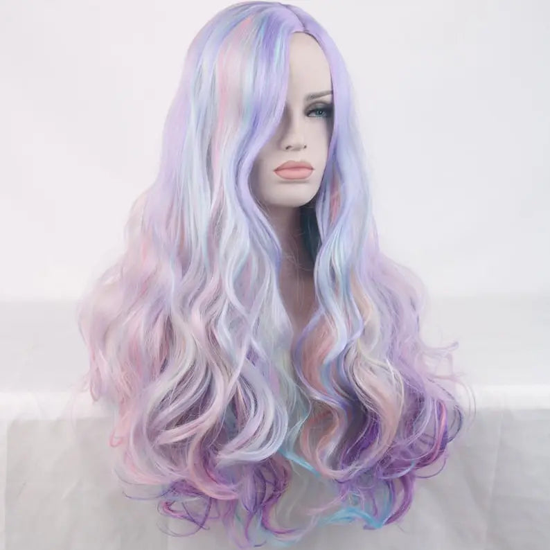 Vibrant Curly Wig with Long Hair in Pastel Rainbow Hues Synthetic Fiber High-Temperature Resistant Silk Center Parted Style