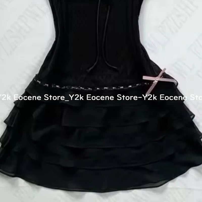 Harajuku Solid Lace Sweet Girly Dresses Elegant Strap Short Sleeve Suspenders Waist Dress Japanese Kawaii Bow Patchwork Clothes