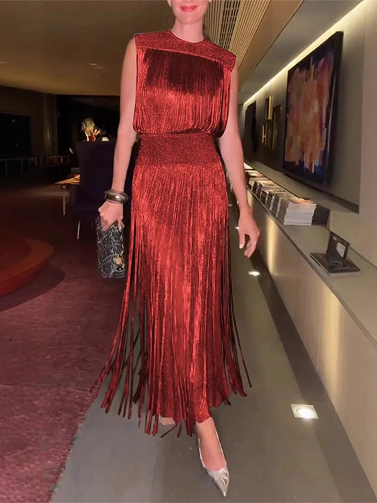 Fringed Sequin Long Dress Tassel Glitter Sleeveless Party Gown Waisted Cinched Elegant O-neck Fringed Dresses Women 2 Piece Set