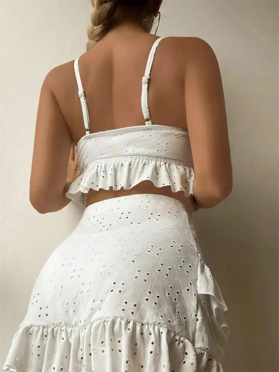 Sexy White 3 Piece Bikinis Set 2025 Women Halter Cut Out Tie Up Ruffles Push Up Skirt Swimsuit Bathing Suit High Waist Swimwear
