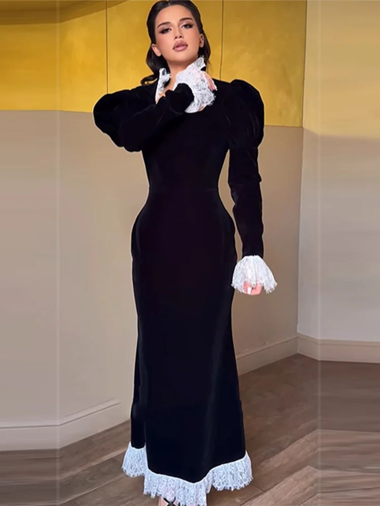 Sexy Lace Patchwork Velvet Long Dress Women Square Collar Full Sleeves Waist Slim Cinching Dresses 2026 Lady Party Vestidos New