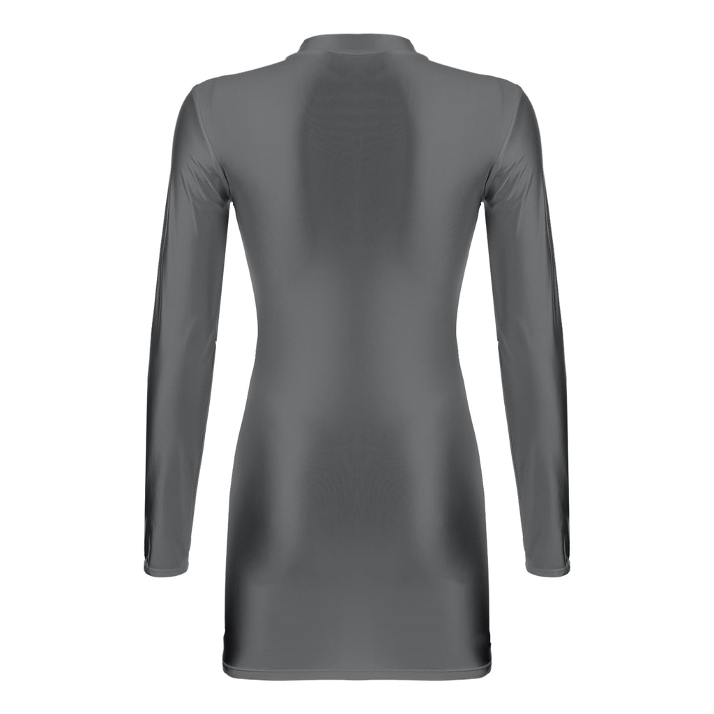 Women Glossy Bodycon Dress Long Sleeve Oil Shiny Smooth Mini Pencil Dress Stretchy Mock Neck Tight  Party Dresses Dance Clubwear