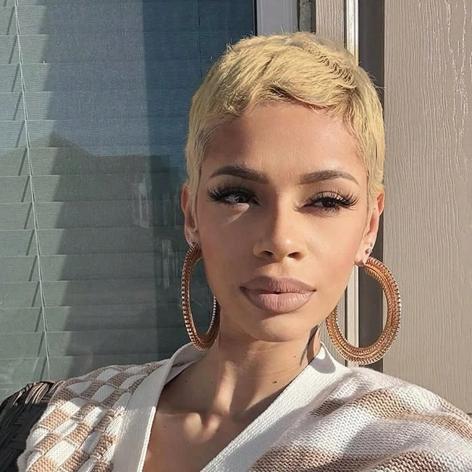 Straight Pixie Cut Wig With Bangs Human Hair Wig 27 Color Blonde Short Style Full Machine Made Wig