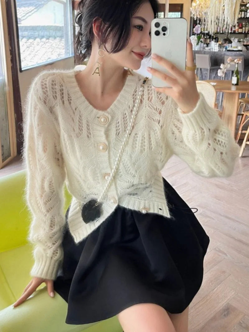 Cardigans Women Knitted Casual Vintage Outerwear Sweaters Autumn Korean Fashion Hollow Out Design Harajuku Gentle Sexy Female