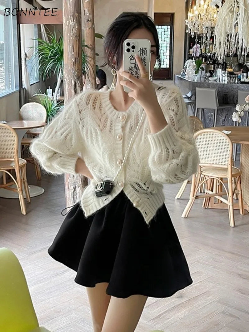 Cardigans Women Knitted Casual Vintage Outerwear Sweaters Autumn Korean Fashion Hollow Out Design Harajuku Gentle Sexy Female