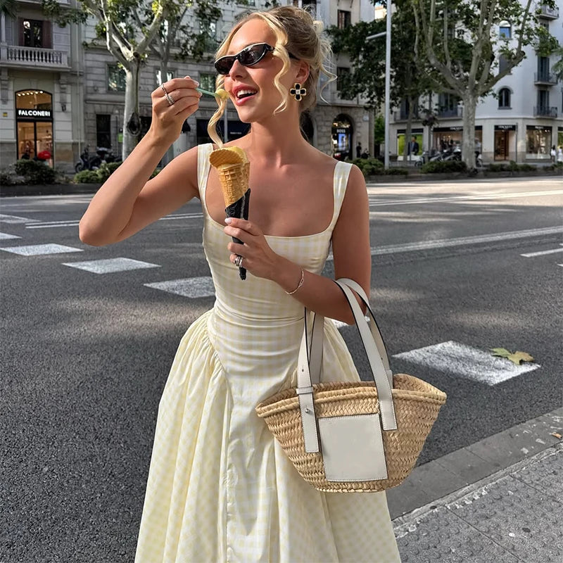 Lady Solid Sleeveless Sling Dress Backless Slim Pleated Hem Square Neck Plaid A-line Dresses Women Vacation Summer Midi Robes