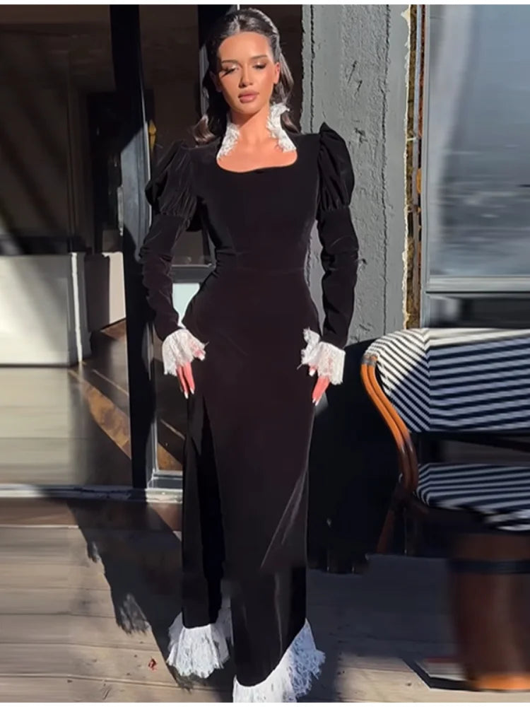 Sexy Lace Patchwork Velvet Long Dress Women Square Collar Full Sleeves Waist Slim Cinching Dresses 2026 Lady Party Vestidos New