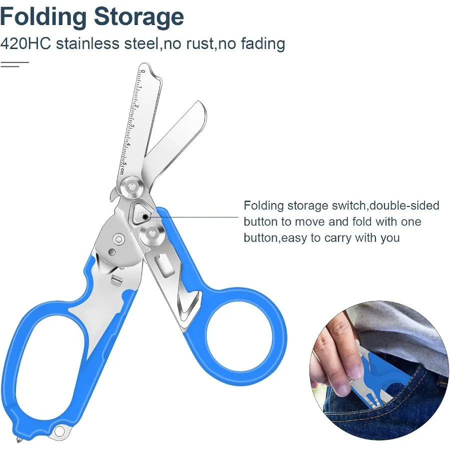 6 In1 Multifunction Emergency Response Shears Stainless Steel Foldable Trauma Shears with Strap Cutter and Glass Breaker for Fi