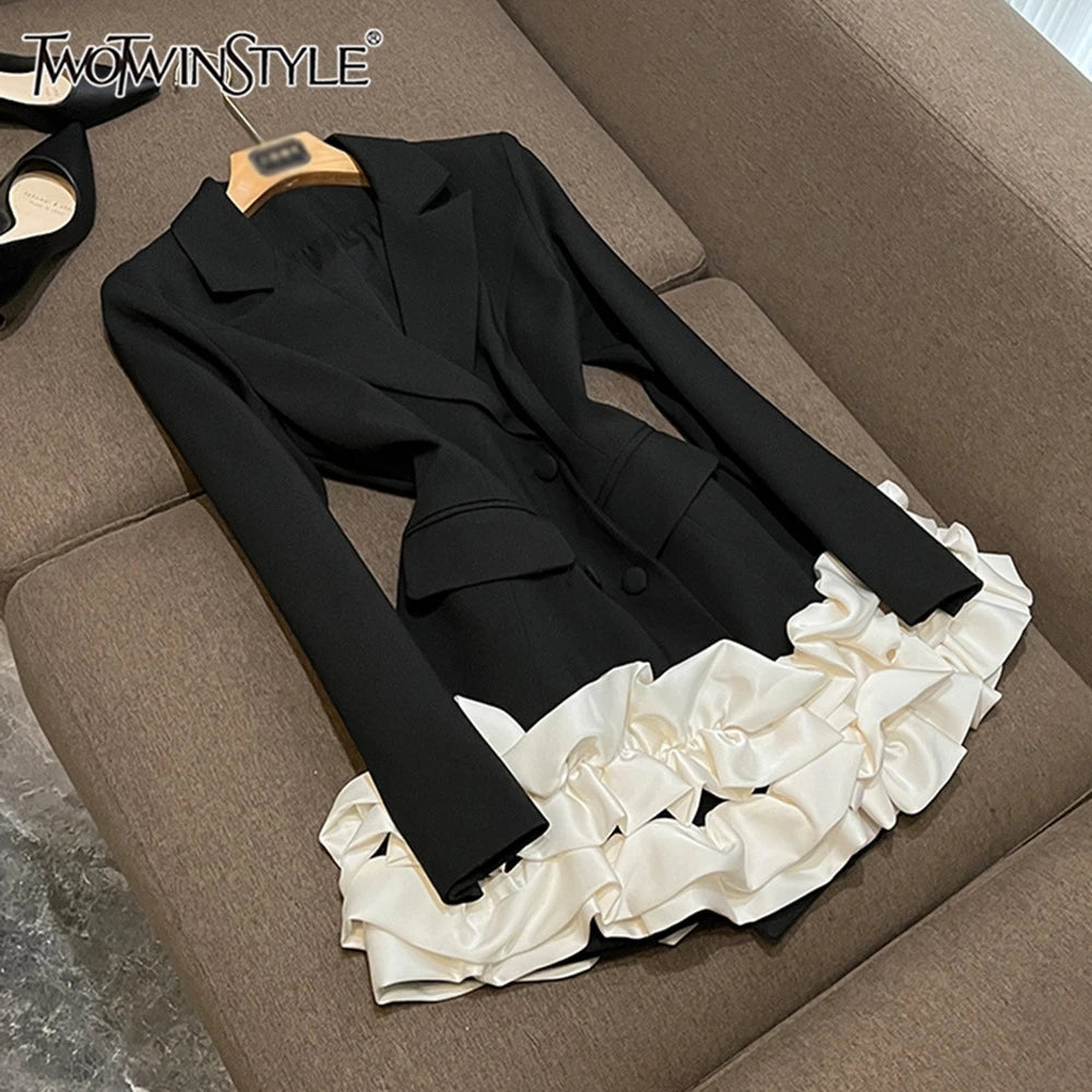 TWOTWINSTYLE Hit Color Slimming Dresses For Women Lapel Long Sleeve High Waist Spliced Folds Elegant Dress Female New KDR520701