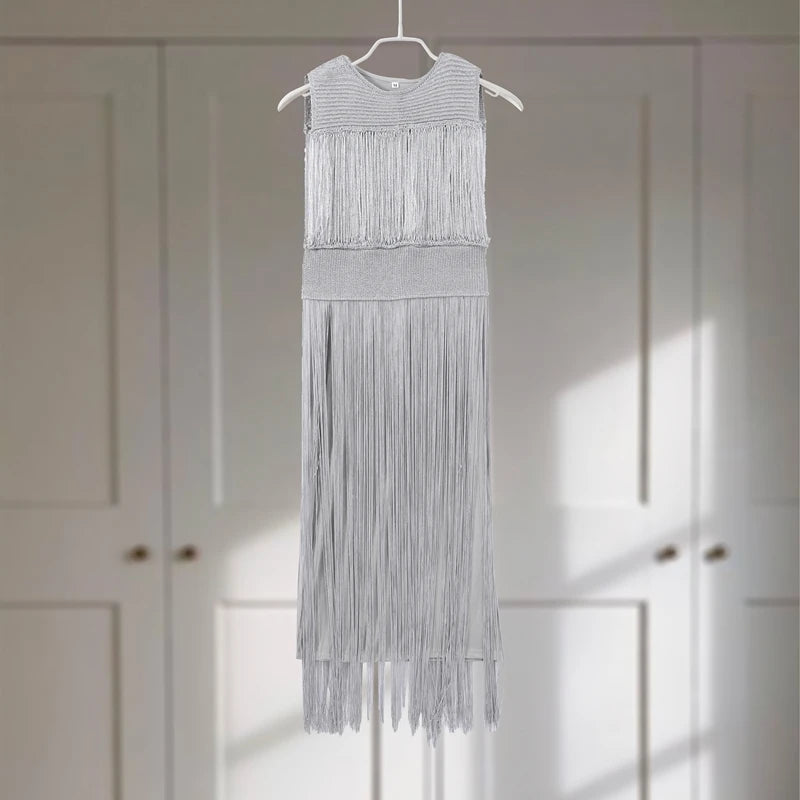 Fringed Sequin Long Dress Tassel Glitter Sleeveless Party Gown Waisted Cinched Elegant O-neck Fringed Dresses Women 2 Piece Set