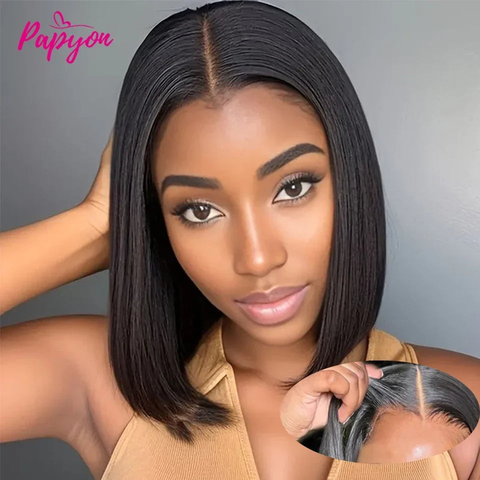 Short Straight Bob Wig, Glue-Free, Ready-to-Wear Real Hair Wig, Pre-Cut 4x4 Elastic Drawstring Upgraded Version