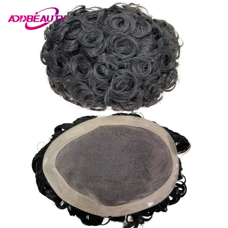 Water Wave Men Toupee Human Hair Fine Mono NPU Indian Human Hair Wigs Afro Human Hair System Curly Hair Toppers Natural Color