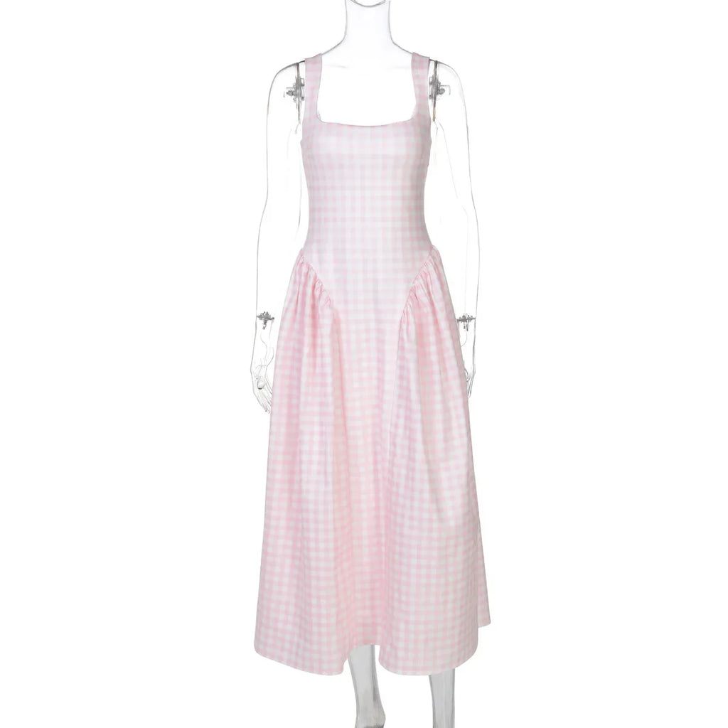 Lady Solid Sleeveless Sling Dress Backless Slim Pleated Hem Square Neck Plaid A-line Dresses Women Vacation Summer Midi Robes