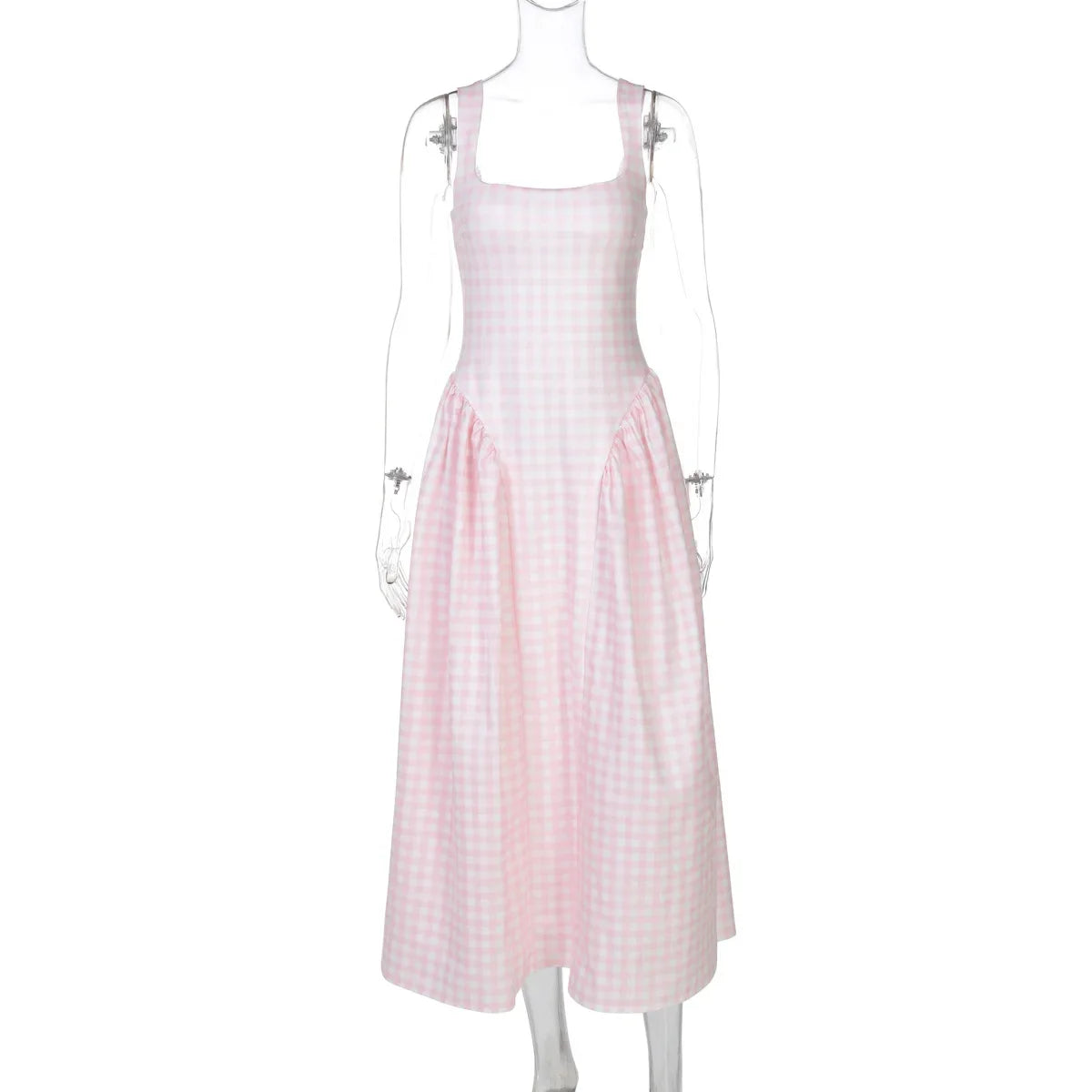 Lady Solid Sleeveless Sling Dress Backless Slim Pleated Hem Square Neck Plaid A-line Dresses Women Vacation Summer Midi Robes