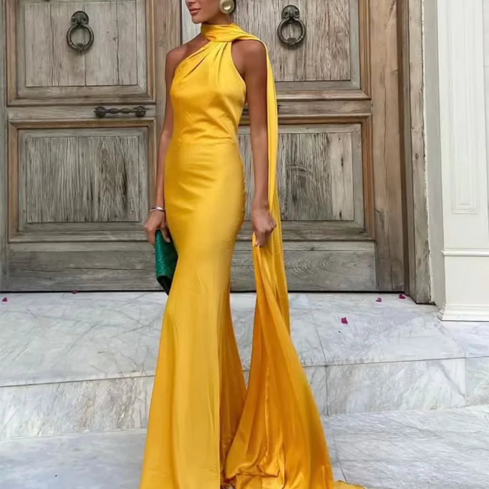 VEITCHE Elegant Women's Soft Silk Satin Long Dress Halter Backless Sleeveless Maxi Dresses Summer Lady Long Ribbon Party Gowns