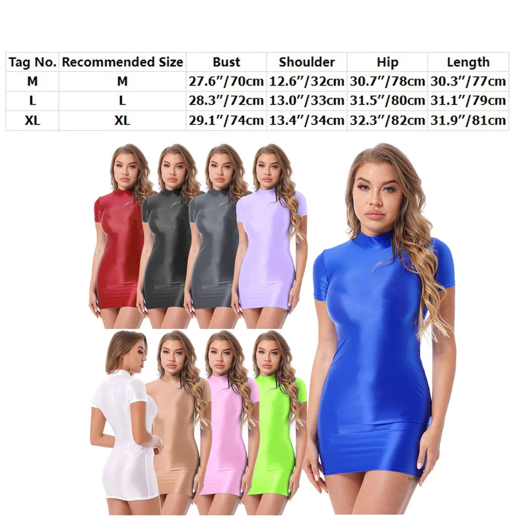 Women Glossy Bodycon Dress Long Sleeve Oil Shiny Smooth Mini Pencil Dress Stretchy Mock Neck Tight  Party Dresses Dance Clubwear