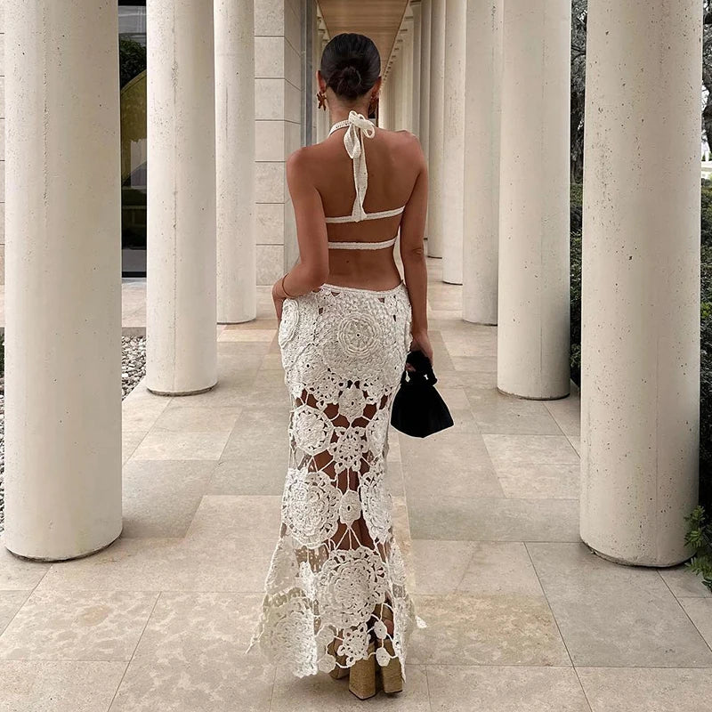 Knitted Crochet Hook Flower Halter Dress Women Slim Lace Up Off Shoulder Backless Party Dresses Female Summer Lady Beach Robes