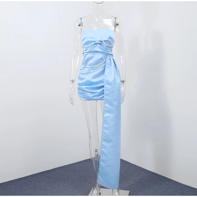 Elegant Satin Pearl Strapless Mini Dress Women Chic Off-shoulder Pleated Slim Female Party Dresses Summer Ribbon Lady Party Robe