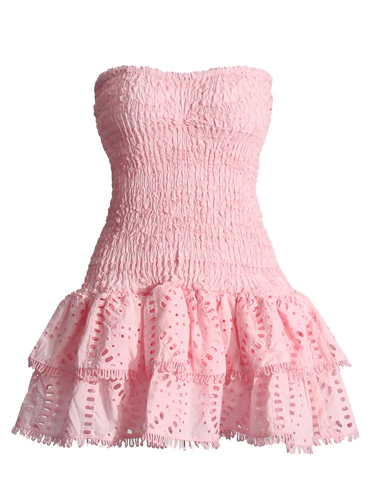 TWOTWINSTYLE Designer Mini A Line Dresses Strapless Sleeveless High Waist Spliced Ruffles Hem Elegant Slimming Dress Female New