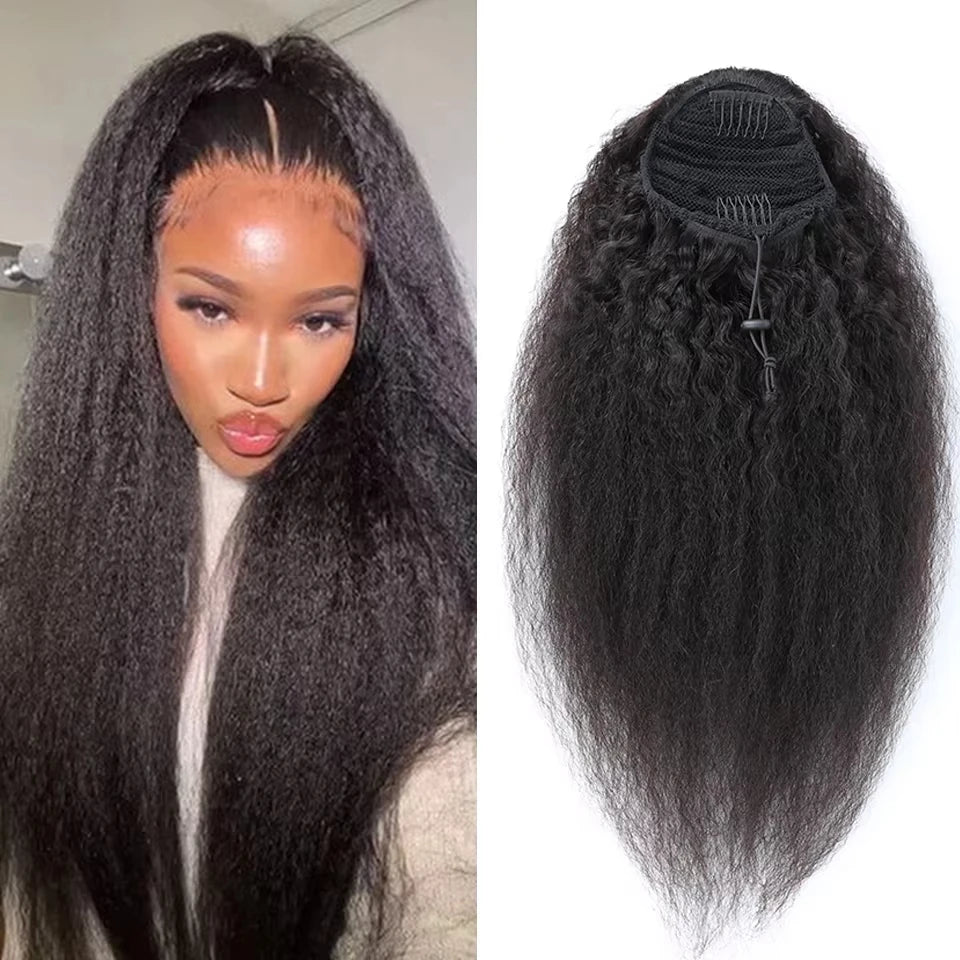 Kinky Straight Drawstring Ponytail Human Hair Brazilian With Afro Clip In Hair Extensions Remy Yaki Straight Hair
