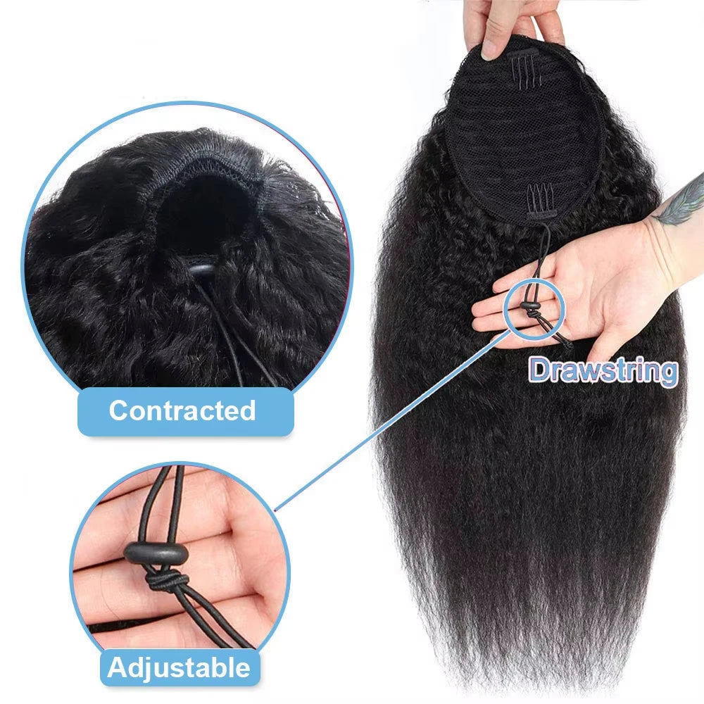 Kinky Straight Drawstring Ponytail Human Hair Brazilian With Afro Clip In Hair Extensions Remy Yaki Straight Hair