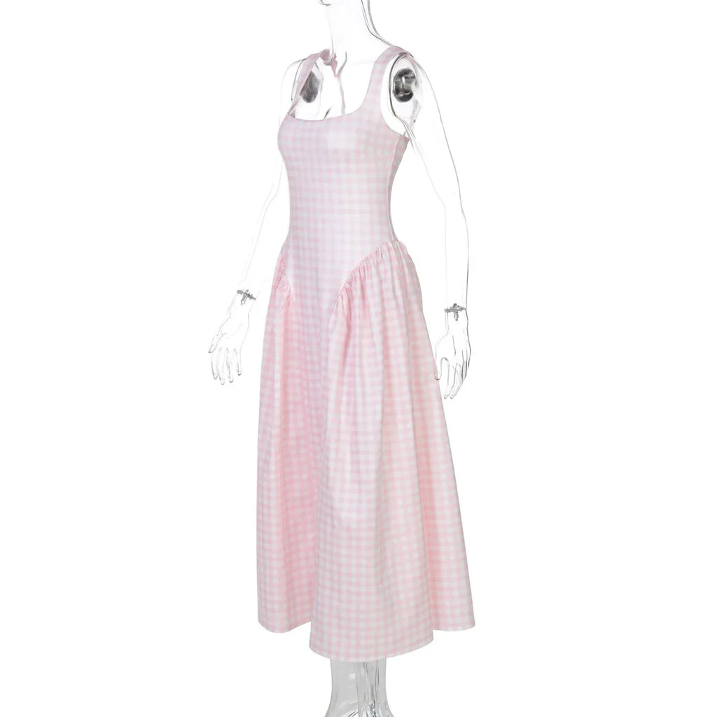 Lady Solid Sleeveless Sling Dress Backless Slim Pleated Hem Square Neck Plaid A-line Dresses Women Vacation Summer Midi Robes