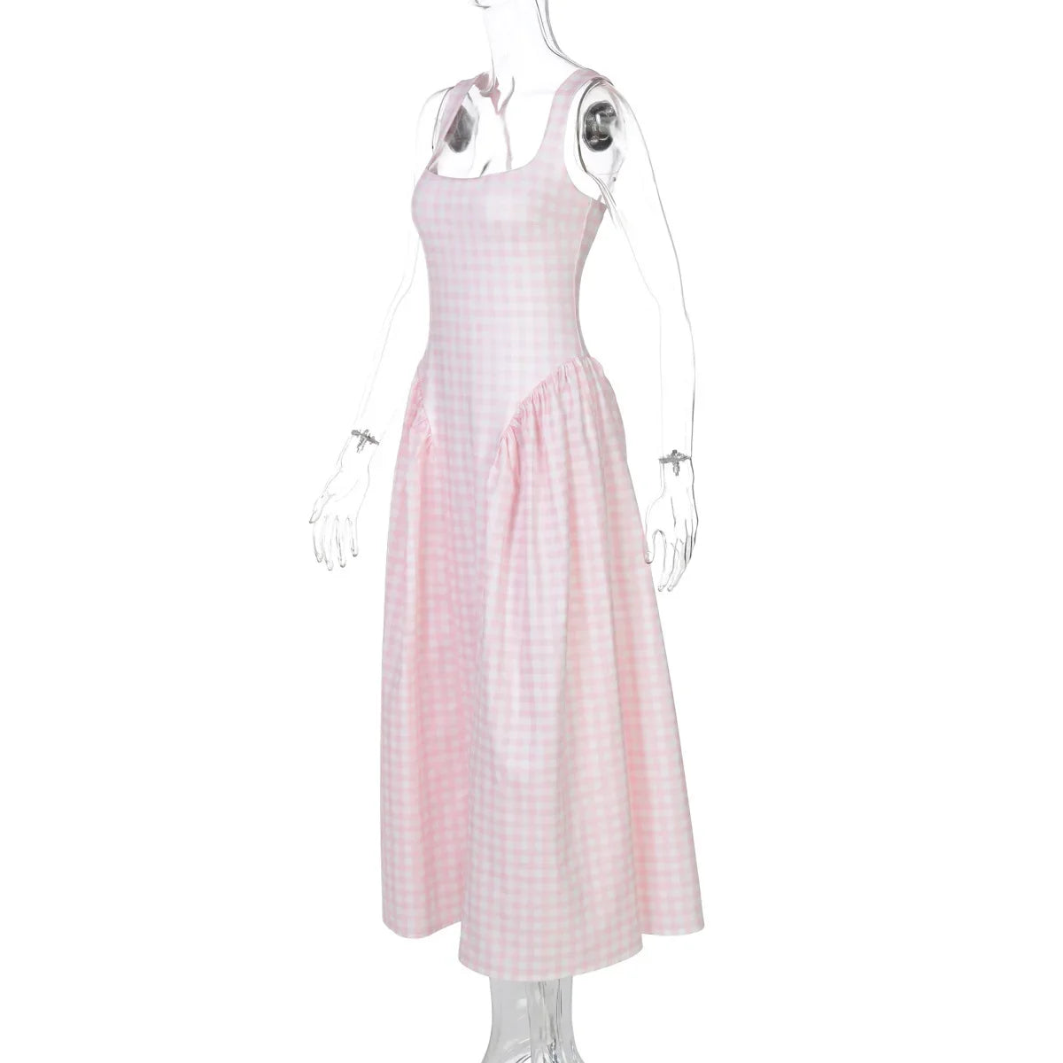 Lady Solid Sleeveless Sling Dress Backless Slim Pleated Hem Square Neck Plaid A-line Dresses Women Vacation Summer Midi Robes