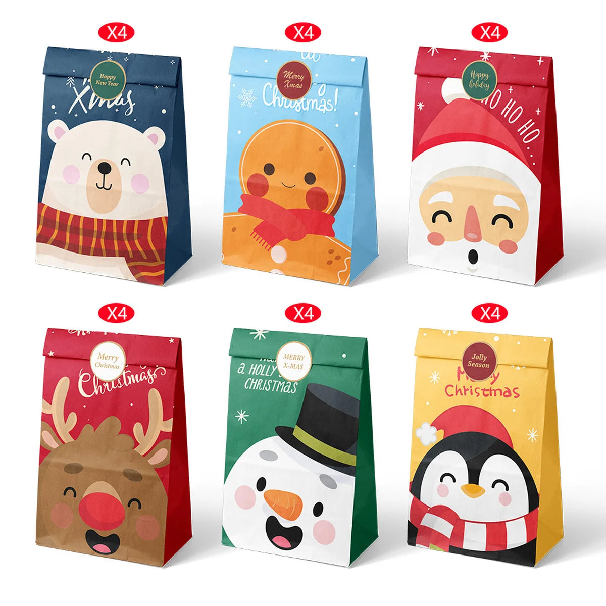 12/24pcs Retro Christmas Kraft Paper Bags Xmas Party Favor Bag Gift Pouch Holiday Present Wrapping Supplies Christmas Gift
