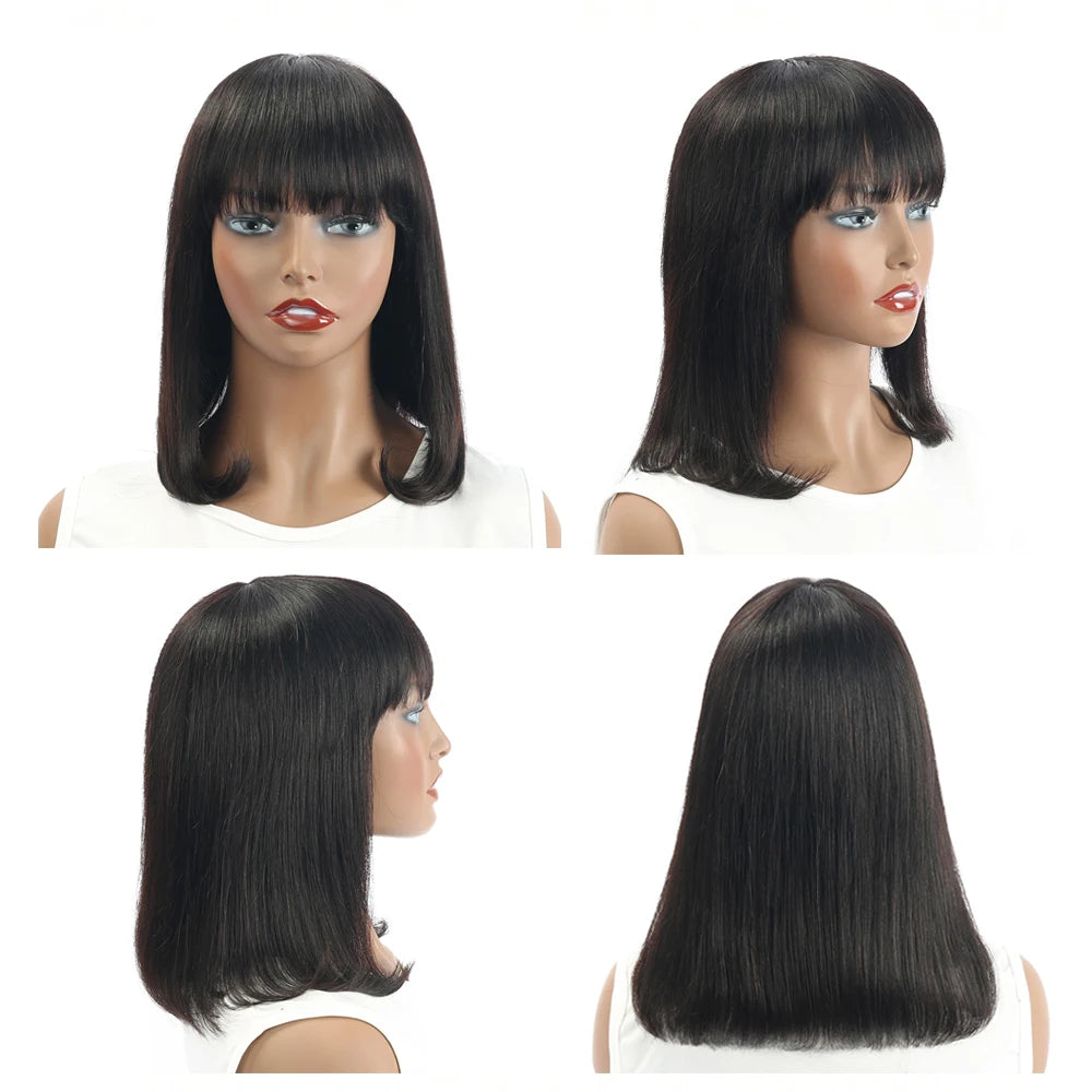 Bob Wig With Bangs Straight Human Hair Glueless Fringe Wig For Black Women Natural Black Brazilian Full Machine Made