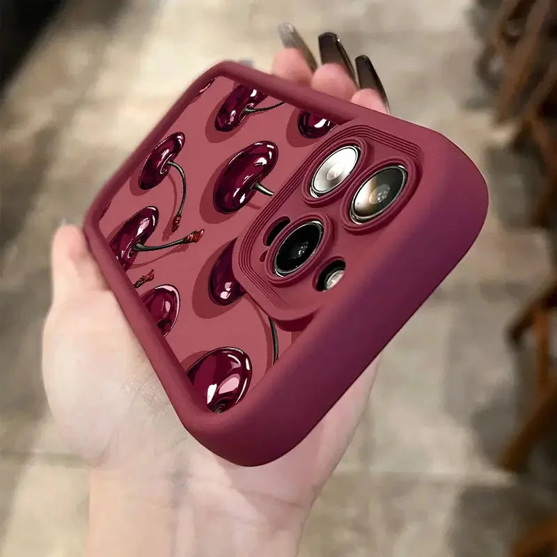 Luxury Wine Red Cherry Print Case for IPhone 16 15 17 Air 14 13 12 11 Pro Max 16 Plus Shockproof Silicone Phone Cover