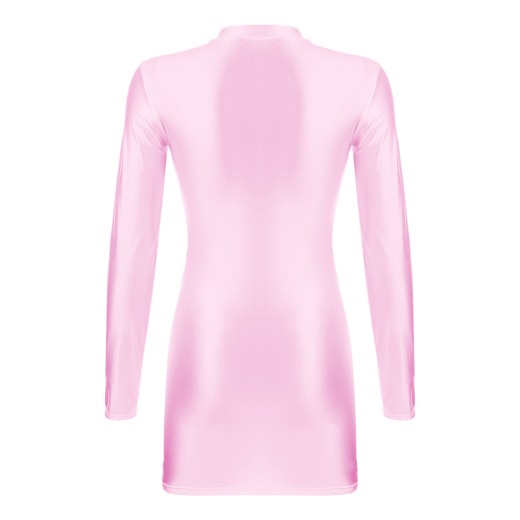 Women Glossy Bodycon Dress Long Sleeve Oil Shiny Smooth Mini Pencil Dress Stretchy Mock Neck Tight  Party Dresses Dance Clubwear