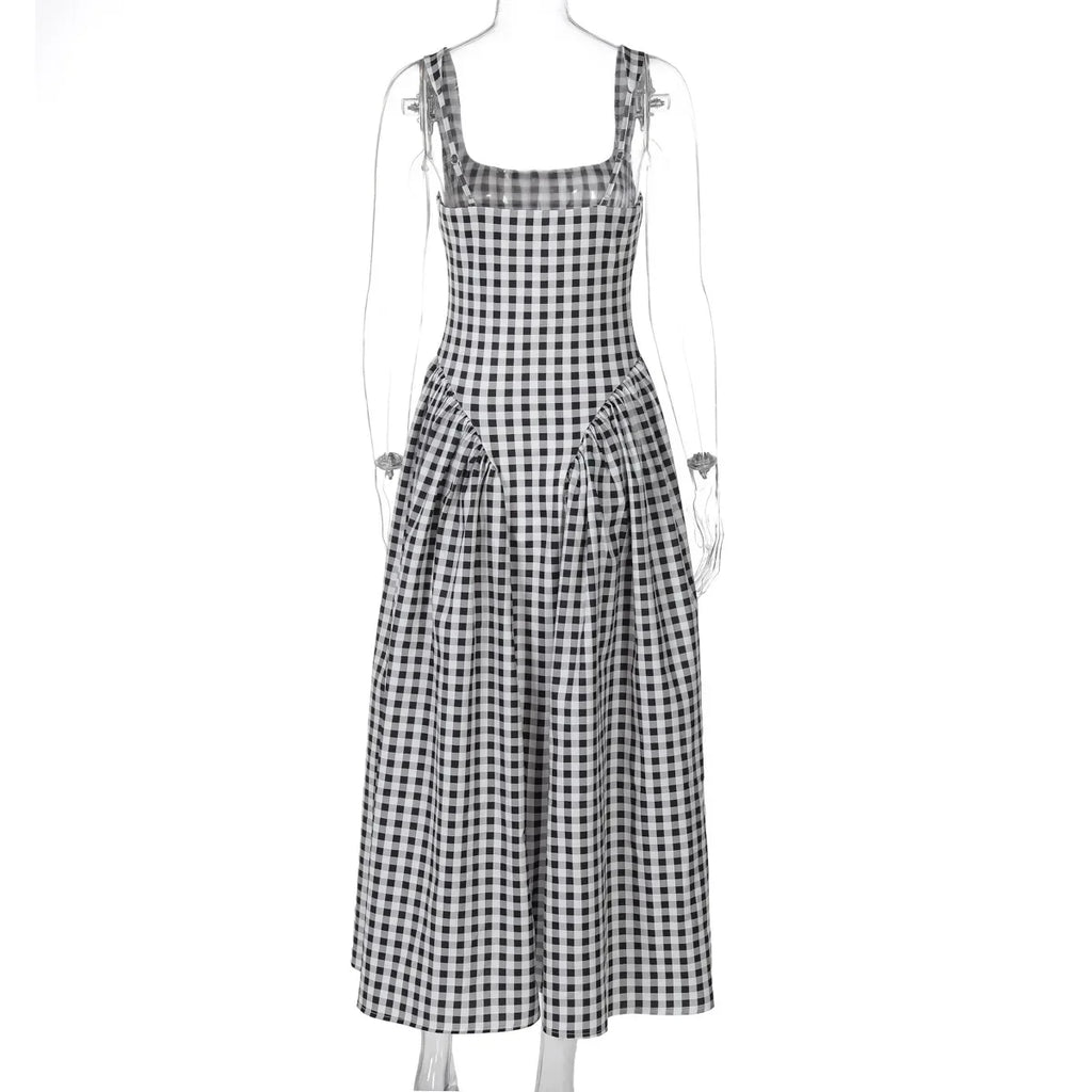 Lady Solid Sleeveless Sling Dress Backless Slim Pleated Hem Square Neck Plaid A-line Dresses Women Vacation Summer Midi Robes