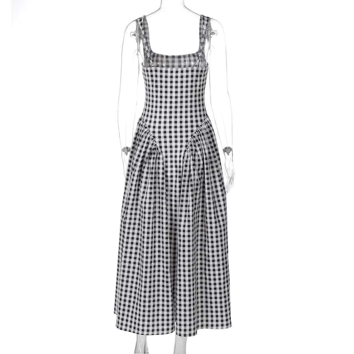 Lady Solid Sleeveless Sling Dress Backless Slim Pleated Hem Square Neck Plaid A-line Dresses Women Vacation Summer Midi Robes
