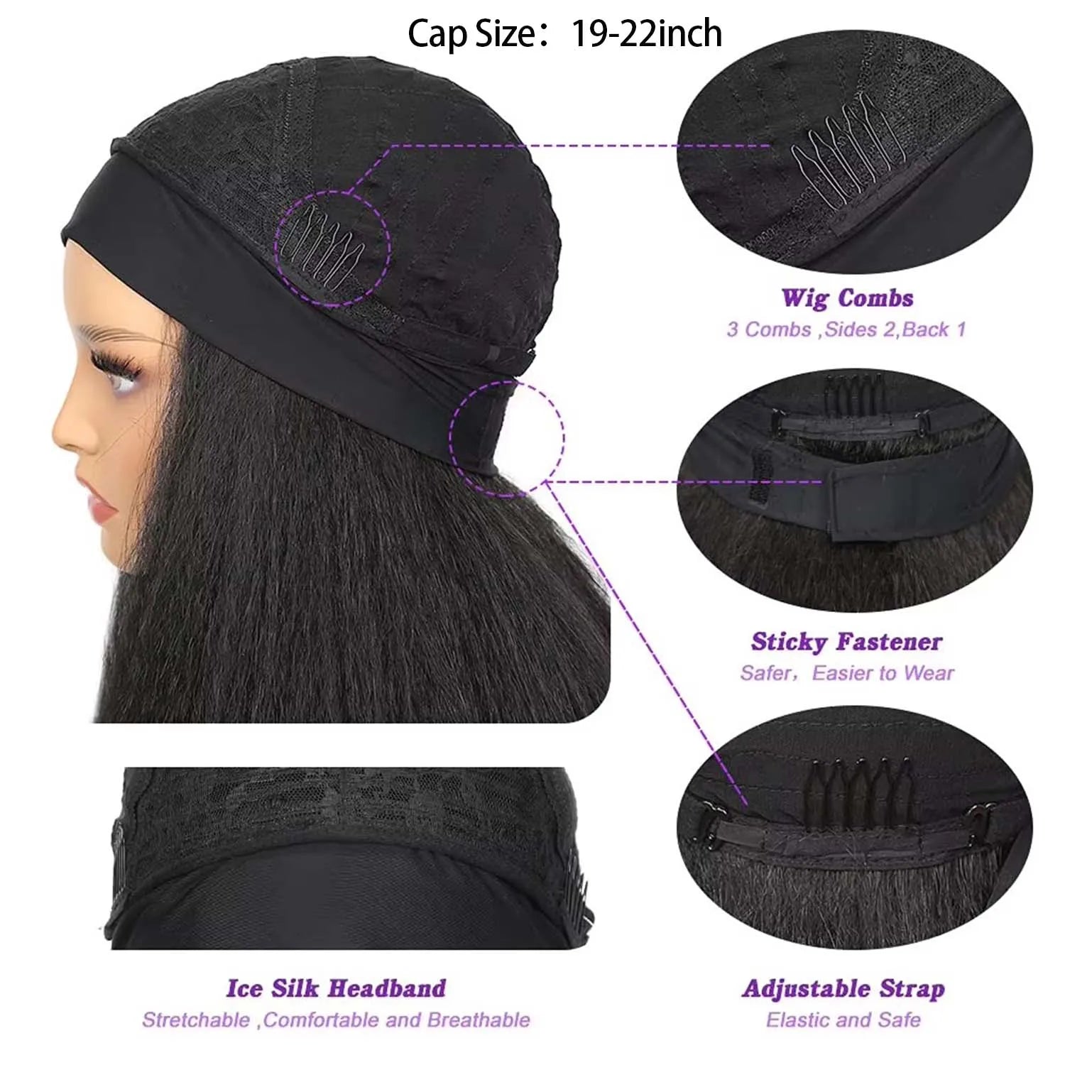 Kinky Straight Headband Synthetic Wig for Women Yaki Straight Wigs with Black Headband Hair Easy to Style No Lace Front No Glue
