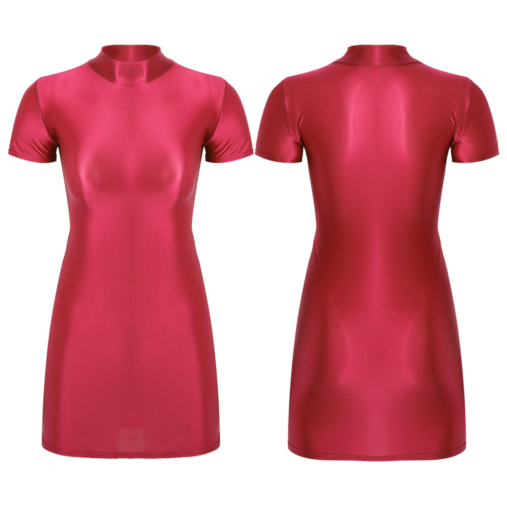 Women Glossy Bodycon Dress Long Sleeve Oil Shiny Smooth Mini Pencil Dress Stretchy Mock Neck Tight  Party Dresses Dance Clubwear