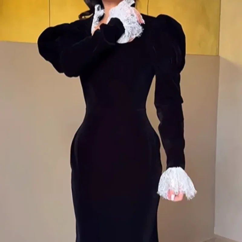 Sexy Lace Patchwork Velvet Long Dress Women Square Collar Full Sleeves Waist Slim Cinching Dresses 2026 Lady Party Vestidos New