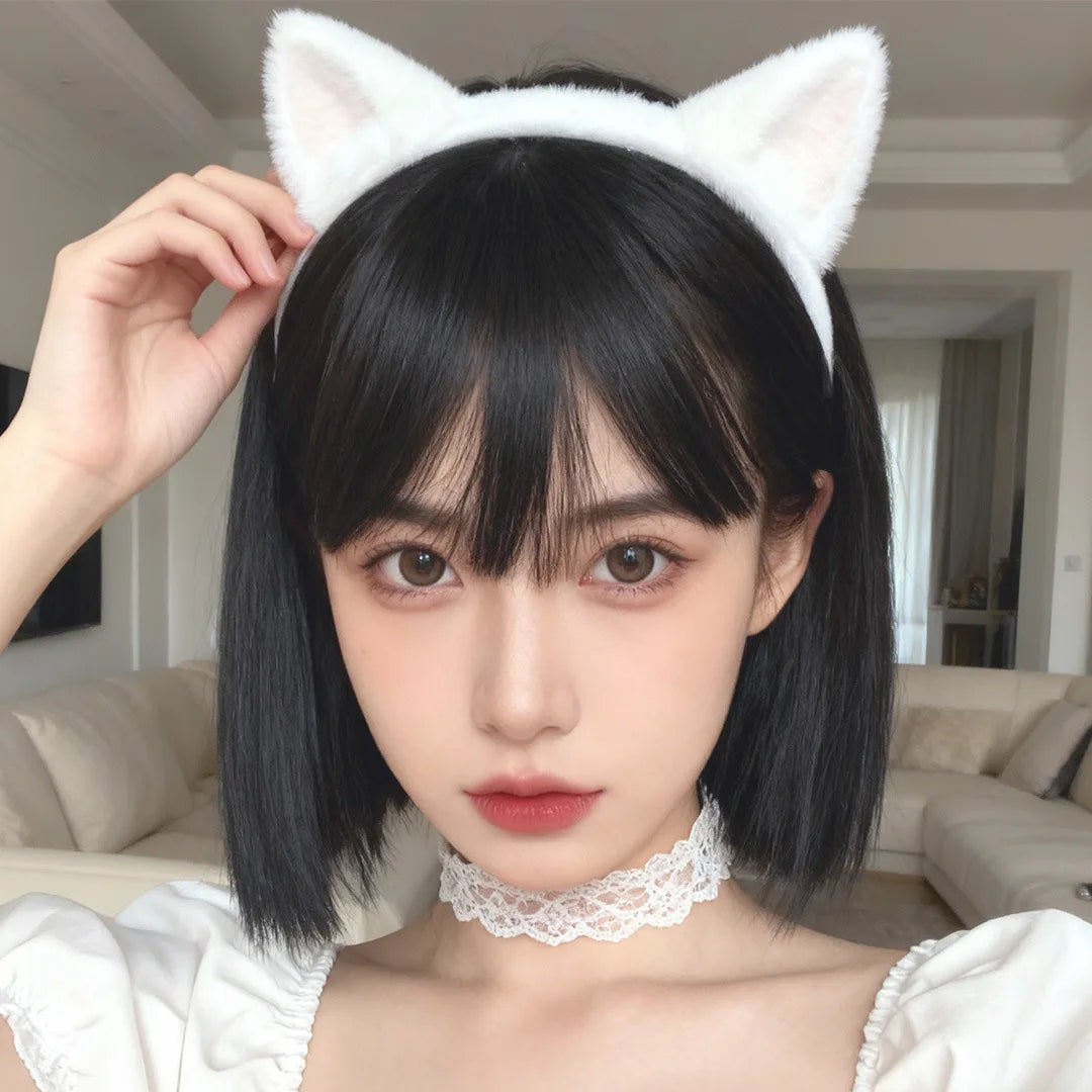 Black short hair with straight bangs, synthetic wig, costume party, cosplay, role-playing, daily wig, full head coverings