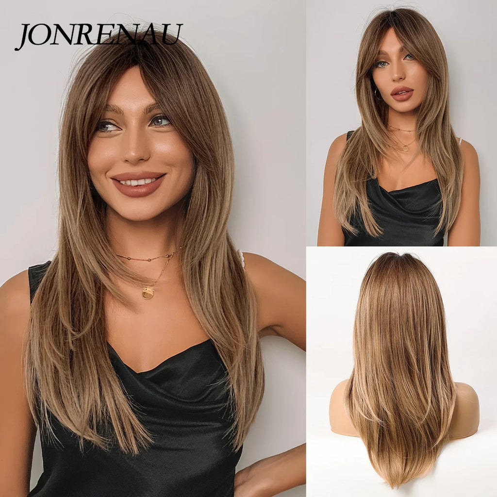 JONRENAU Long Straight Hair with Bangs Ombre Dark Black Brown to Blonde Synthetic Wigs for Women Party Daily Cosplay Use Wig