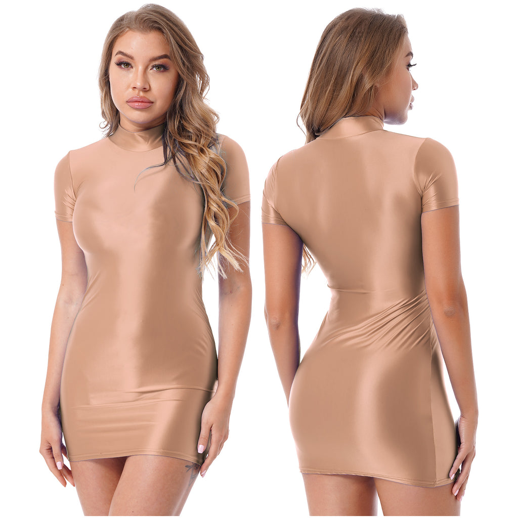 Women Glossy Bodycon Dress Long Sleeve Oil Shiny Smooth Mini Pencil Dress Stretchy Mock Neck Tight  Party Dresses Dance Clubwear