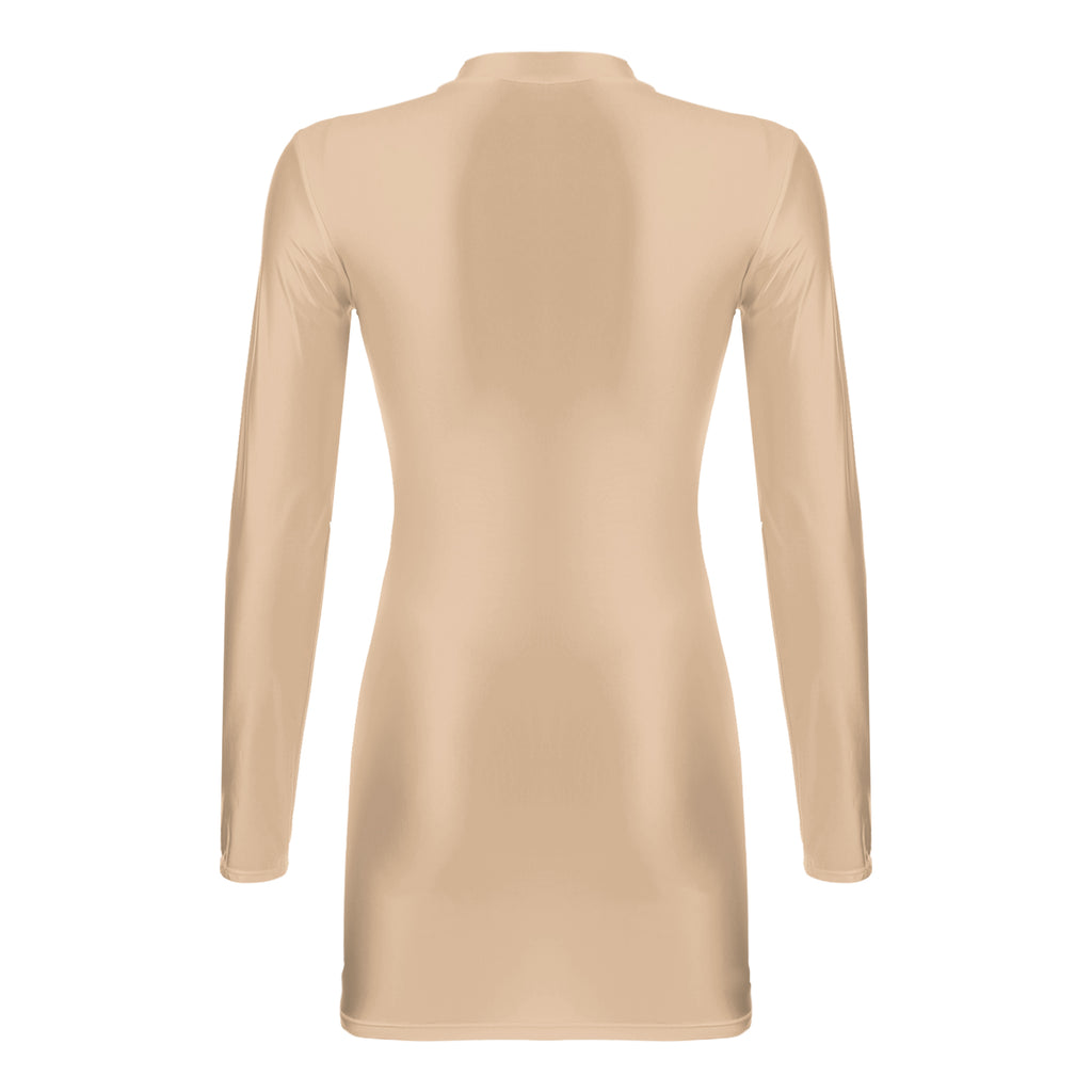 Women Glossy Bodycon Dress Long Sleeve Oil Shiny Smooth Mini Pencil Dress Stretchy Mock Neck Tight  Party Dresses Dance Clubwear